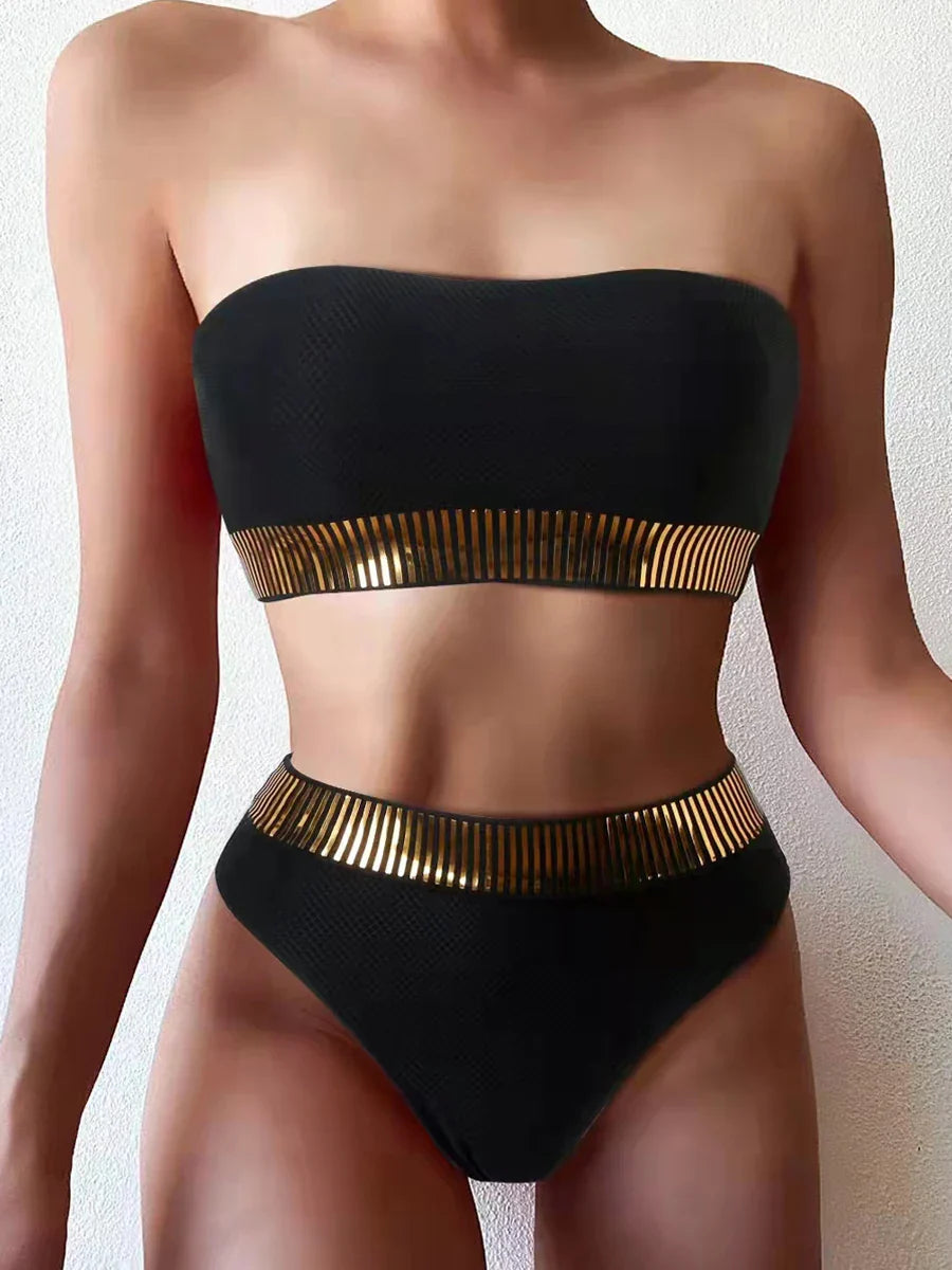 Bandeau High Waist Bikini Women Triangle Swimsuit Stitch Detail Swimwear Padded Bathing Suit Female Solid Beachwear
