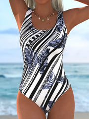 Summer Blue and White Artistic Floral Print One-Piece Swimsuit, Square Neck Design, Eye-Catching Vintage Fashion Swimwear f
