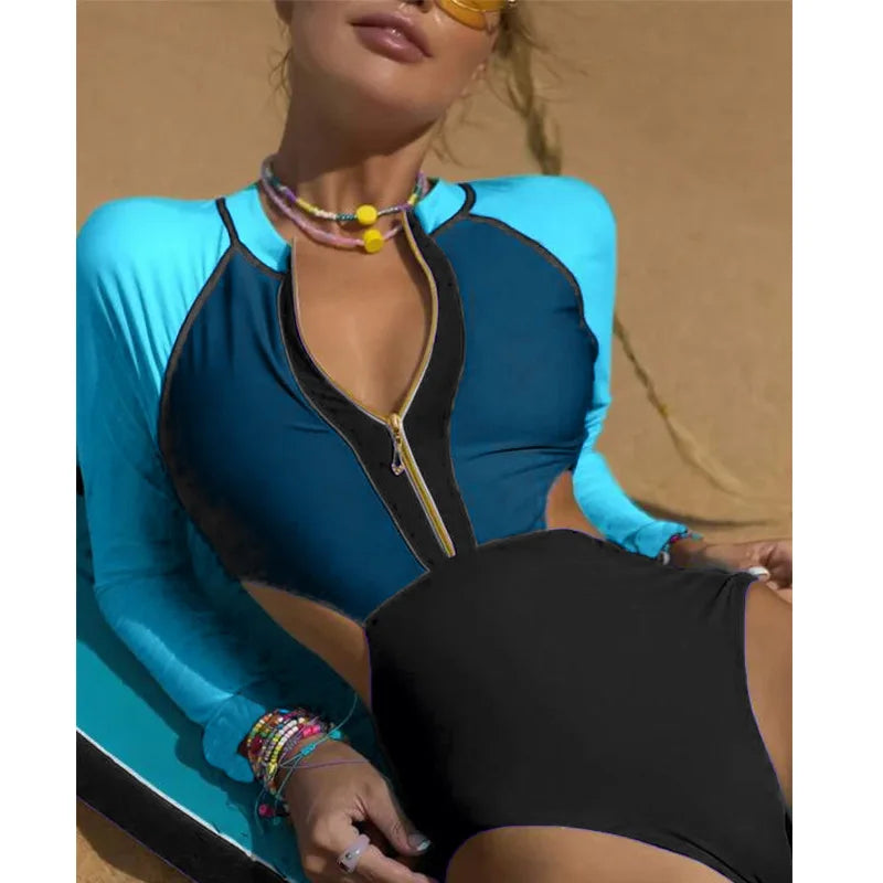 Patchwork One Piece Swimsuit Long Sleeve Swimwear Women Bathing Suit Retro Zipper Swimsuit One Piece Surfing Swim Wear